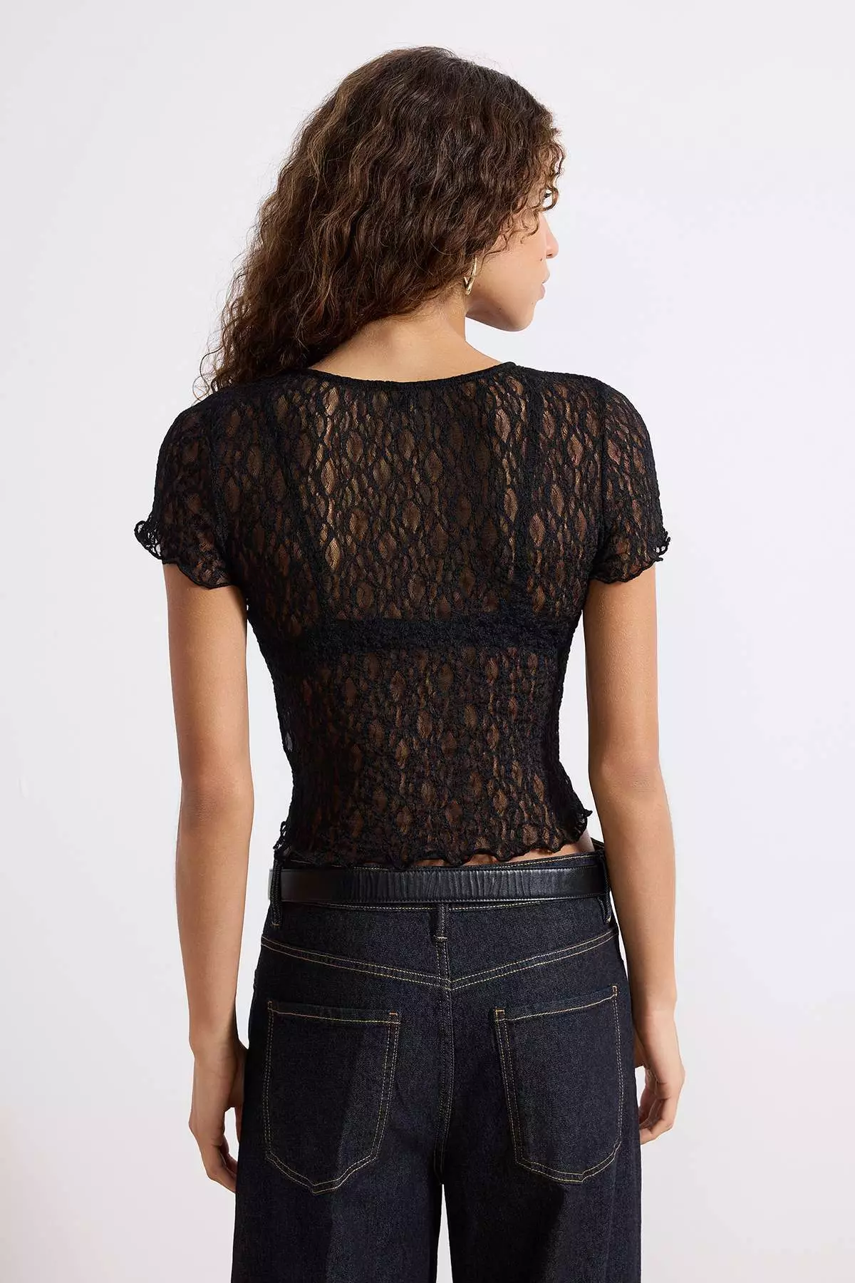 Black Fitted/Bodycon Short Sleeve Accessory Detailed Lace Knitted Blouse Twoss26Bz161