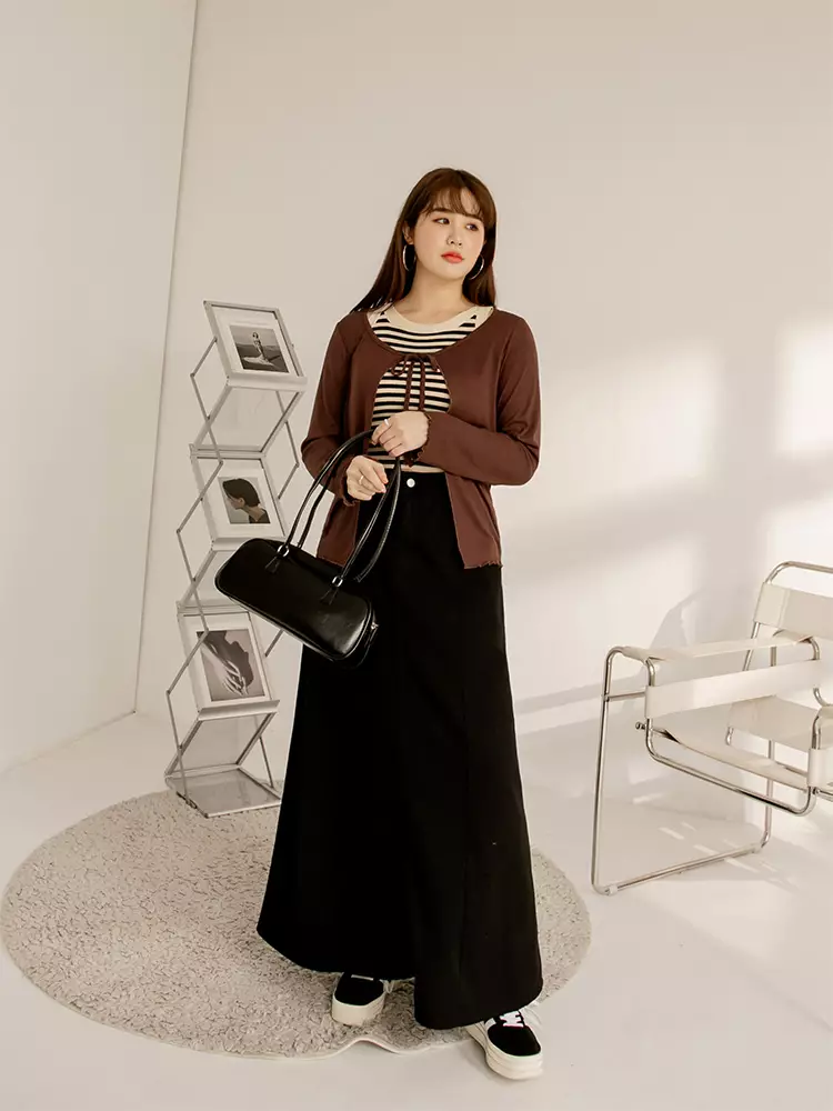 Elastic striped tie-front long-sleeve overlay top [EA3663]