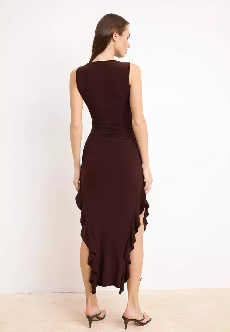 Brown Bodycone Zero Sleeve Slit Ruffle Detailed Stretchy Maxi Pencil Dress Twoss24El688