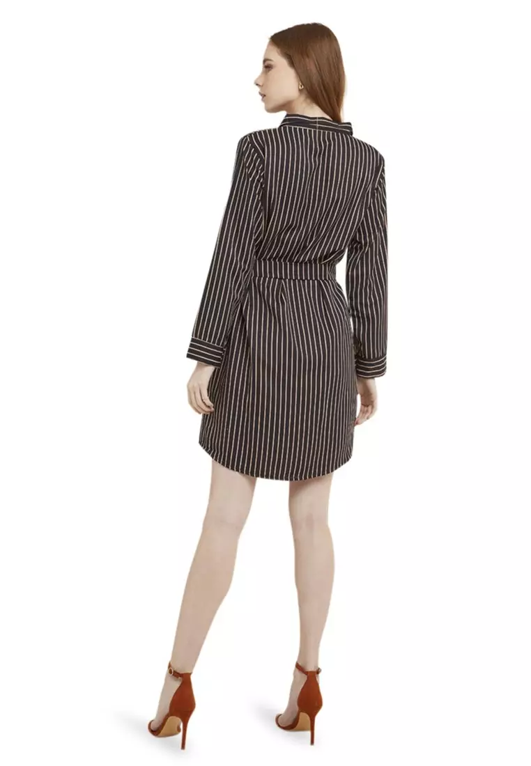 Tunik Salur Self Tie Belt Baju Wanita Lengan Panjang Garis Regular Fit - Black