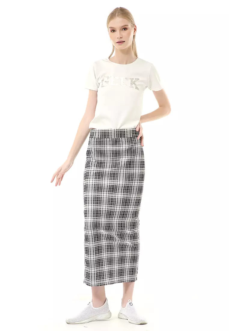 Malina Rok Span Tartan Bawahan Wanita All Size Motif Kotak High Quality - Putih