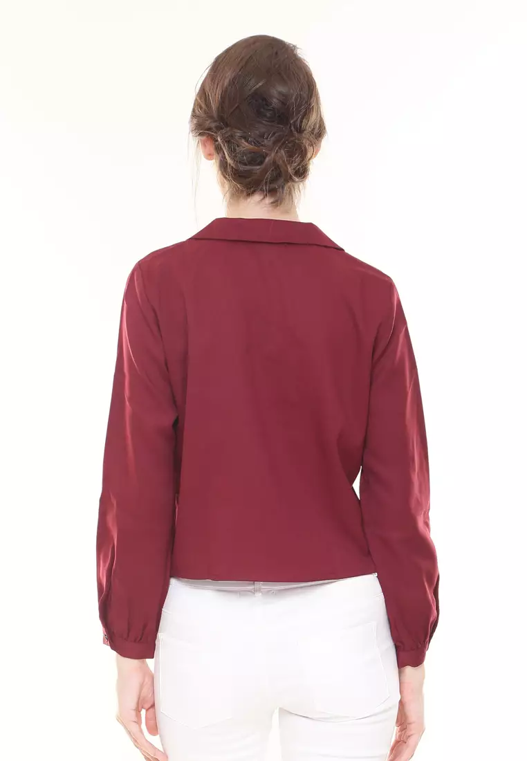 Evelyn Top Button Ribbon Tied up in Maroon