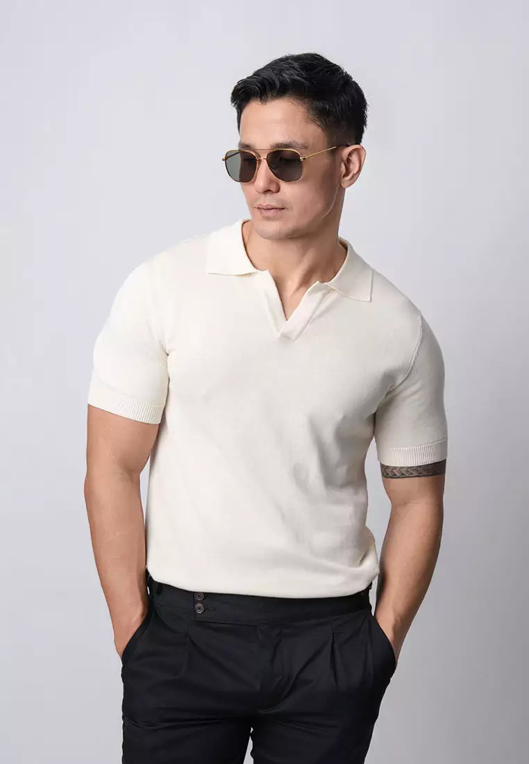 Mens Polo Shirts Vneck Knitted Off White