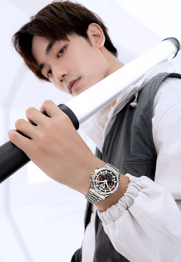 Unisex Stainless Steel Quartz Chronograph Watch, Black Dial, 43mm, Stainless Steel Bracelet