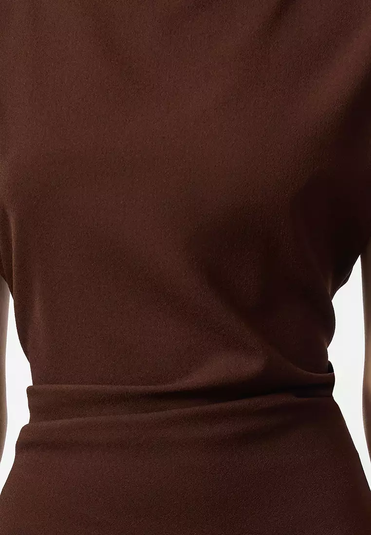 Brown A-Line Cowl Neck Midi Crepe Woven Dress TWOAW25EL00393