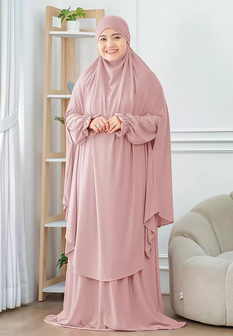Wafa French Khimar Set | One Set Dress Abaya Syari - Powder Pink - XL