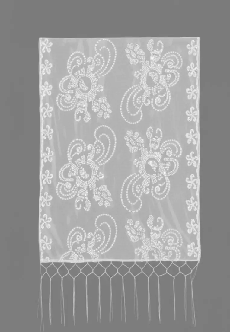 Aksesoris Wanita Sahana Flower Gold Sequinn Lace  Fringed Evening Shawl Syal Pesta Wanita Snow White