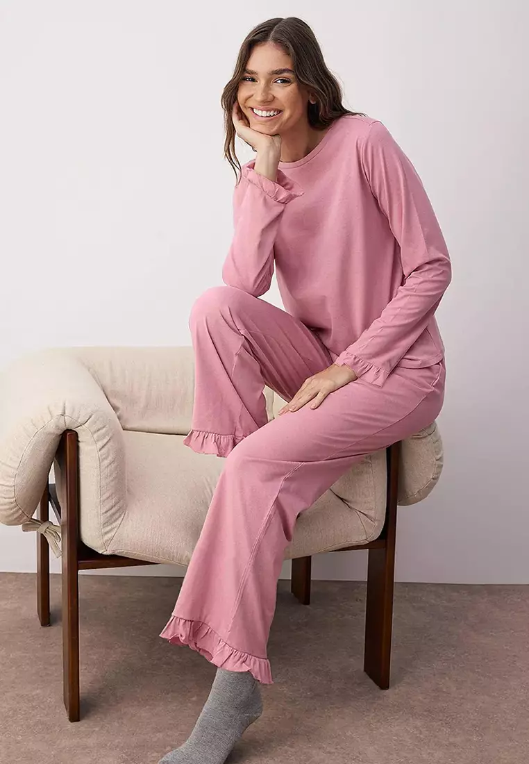 Dusty Rose 100% Cotton Ruffle Knitted Pajama Set Thmaw26Pt00057