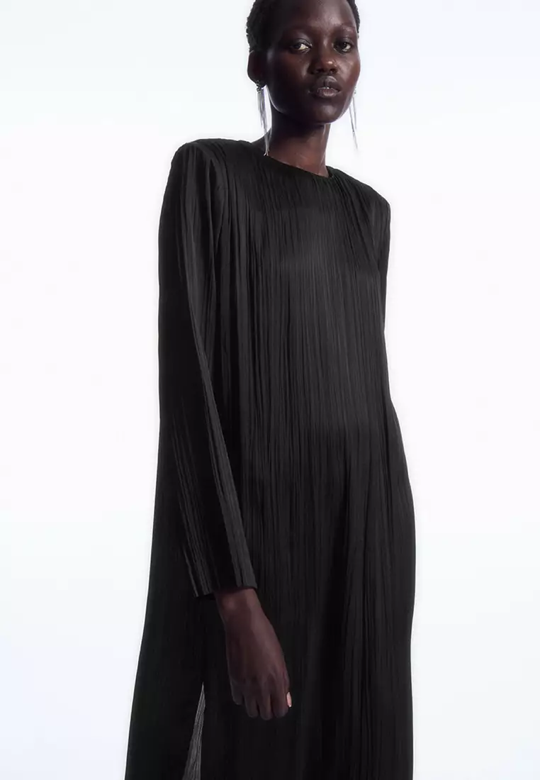 Long-Sleeved Plissé Midi Dress