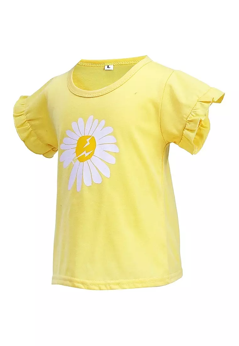 Chevelle Kaos Anak Perempuan Lengan Terompet Ruffle Tee Motif Bunga Material Cotton ORIGINAL - Yellow