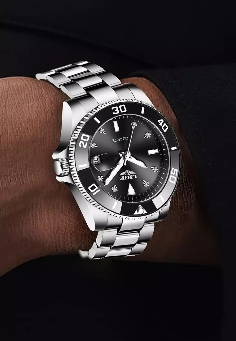 Unisex Classic Diver's Stainless Steel Quartz Watch, Stainless Steel Bracelet