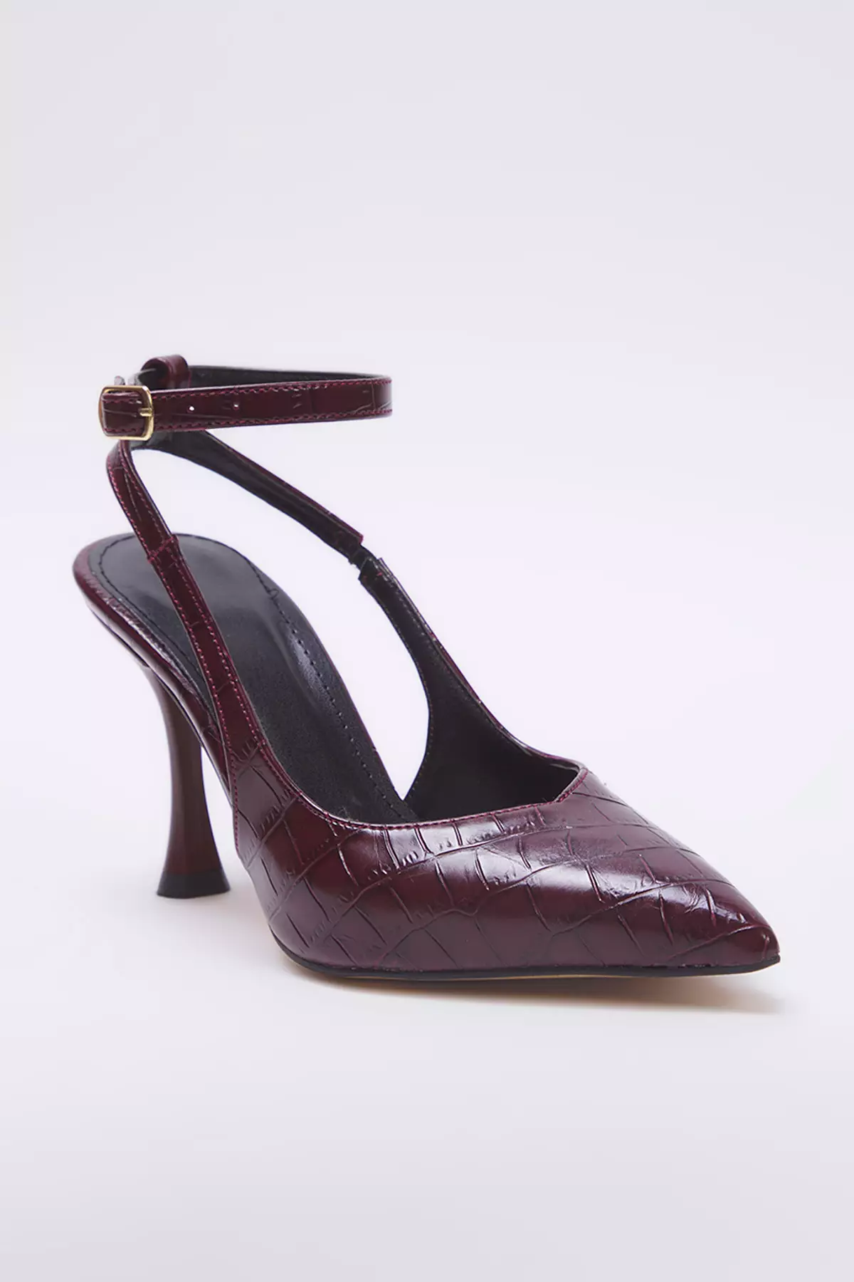 Burgundy Crocodile Pattern Pointed Toe Women Thin Heels Shoes Takss25To00082