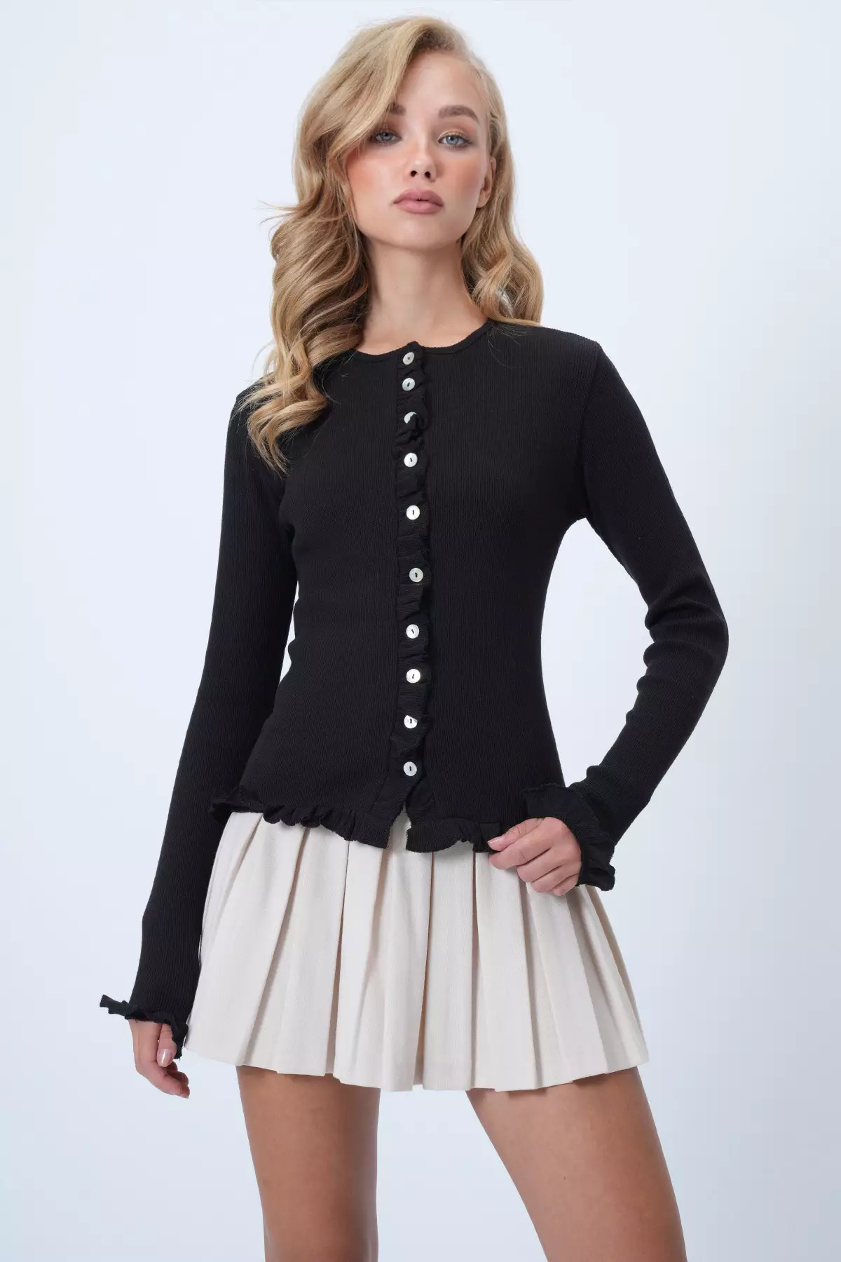 Women's Black Crew Neck Ruffle Detailed Buttoned Front Knitted Blouse Alc-X14533