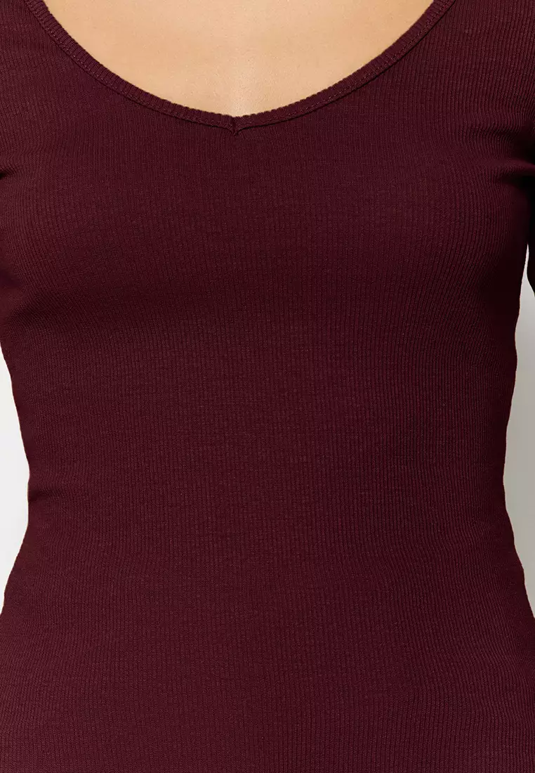 Claret Red-Stone 2-Pack V-Neck Fitted/Body-Sit Cotton Flexible Knitted Blouse Twoaw24Bz00068