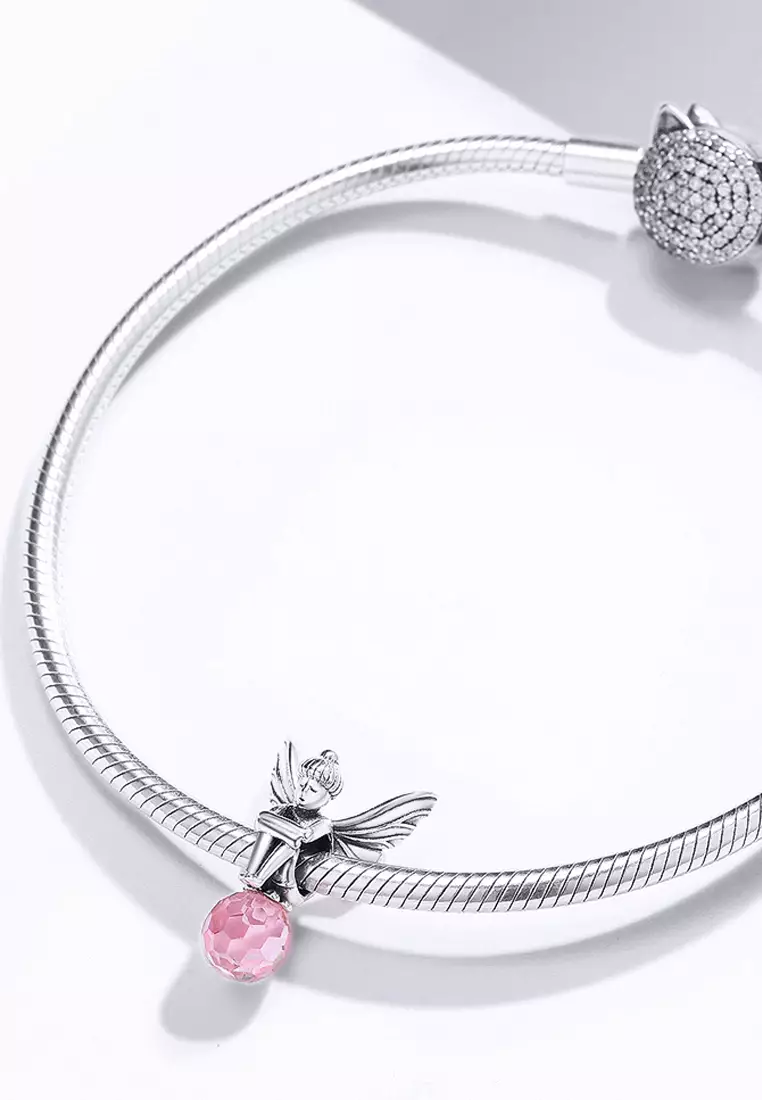Solid 925 Sterling Silver Fairy King Pink Crystal Charm