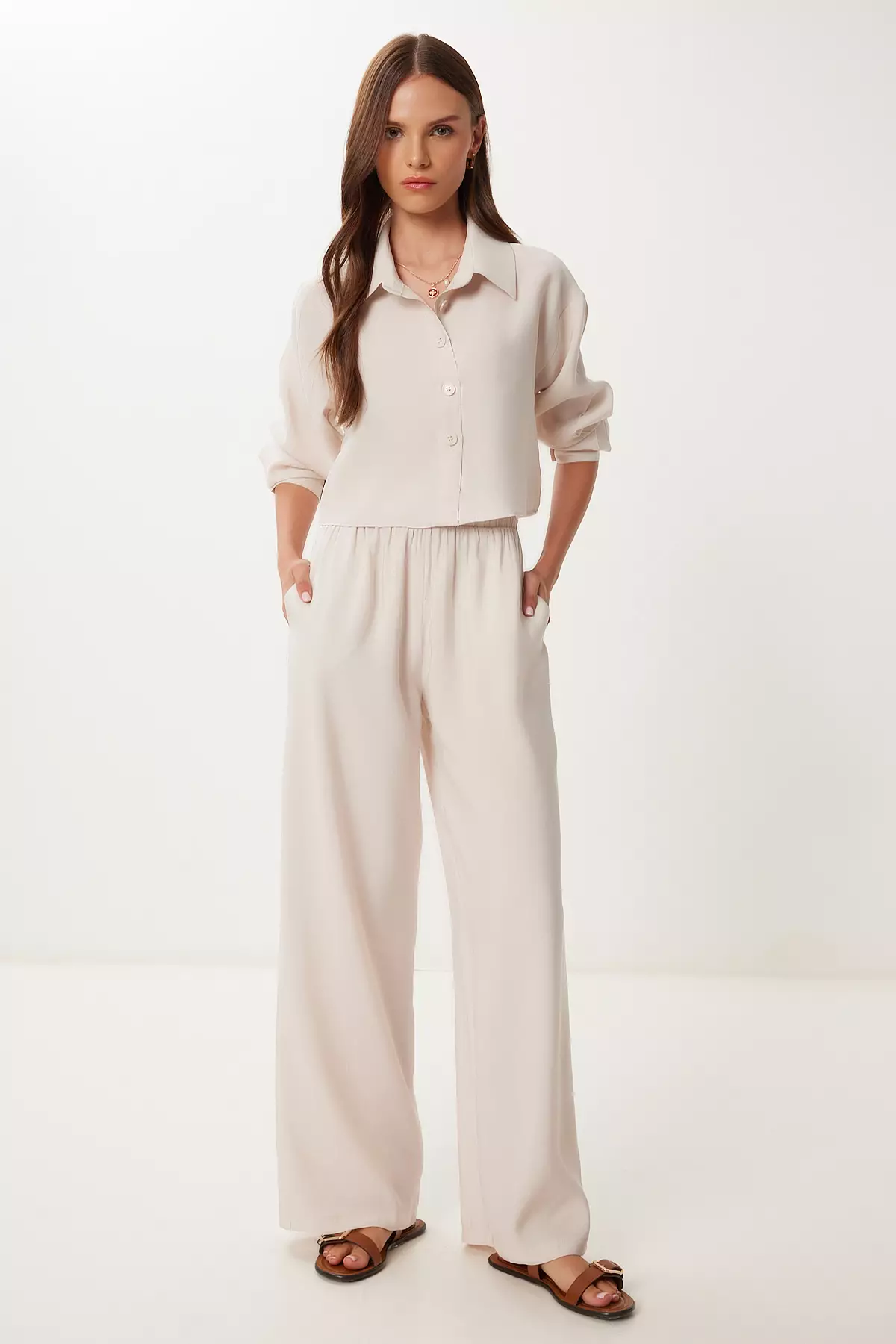Women's Cream Modal Shirt Pants Suit Bv00158