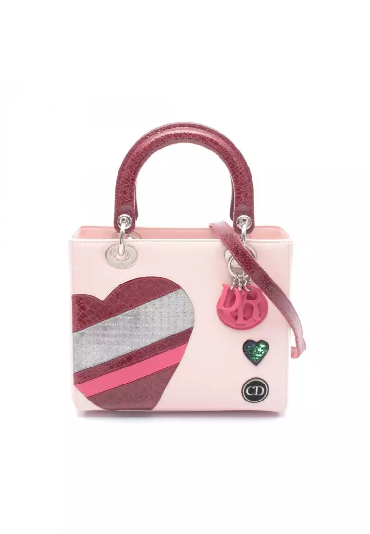 Pre-Loved Christian Dior LADY DIOR lady dior Handbag heart patch leather Light pink Bordeaux 2WAY