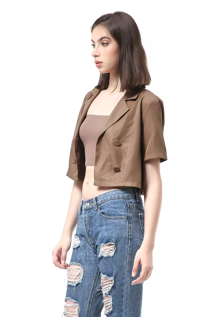 Myra Blazer Wanita Lengan Pendek Simple Design Motif Polos Material Cotton ORIGINAL - Brown