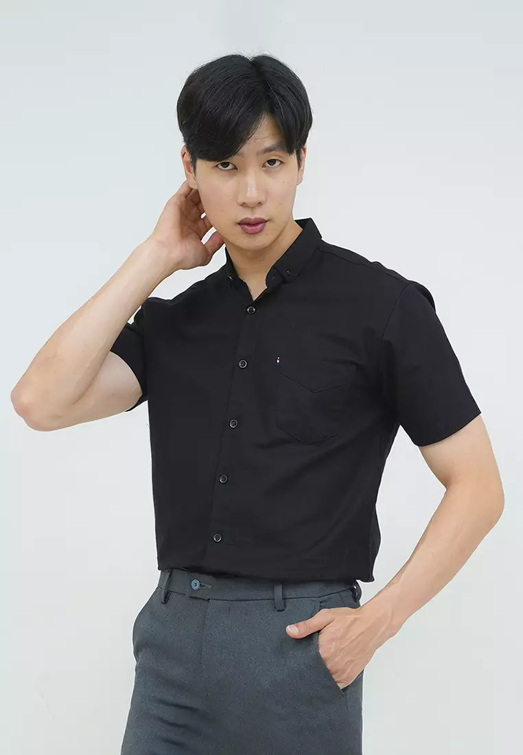 Kemeja lengan pendek pria formal slim fit black houseofcuff