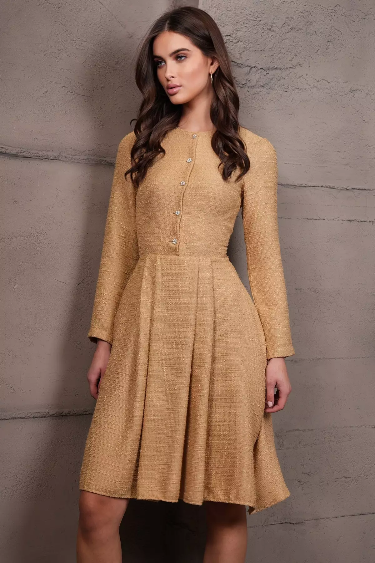 Women'S Dark Beige Pearl Button Skirt Pleated Midi Length Tweed Dress Alc-X14981