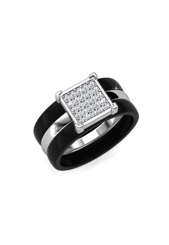 Her Jewellery black and silver ON SALES - Her Jewellery Square Ceramic Ring (Black) with Premium Grade Crystals from Austria HE581AC0RAE4MY_1