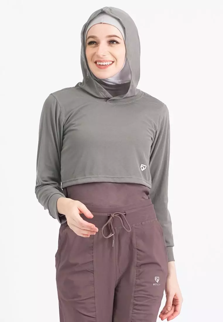 Fitwear - Croptop Jaring / Mesh / Sheer Olahraga BRENDA OUTER HOODIE LS CRP - DARK GREY