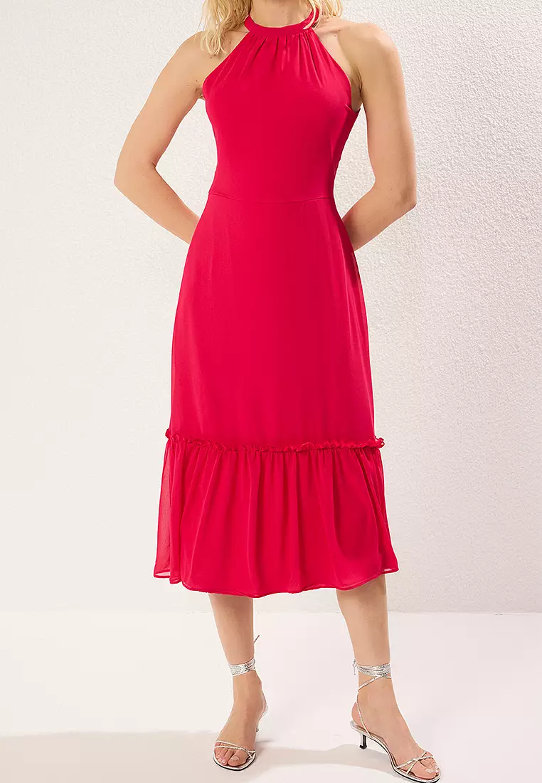 Fuchsia A-Line Flounce Midi Woven Dress
