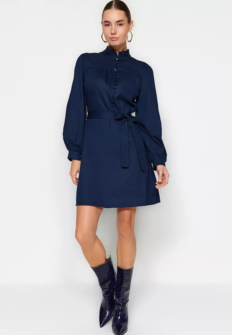 High Collar Woven Dress