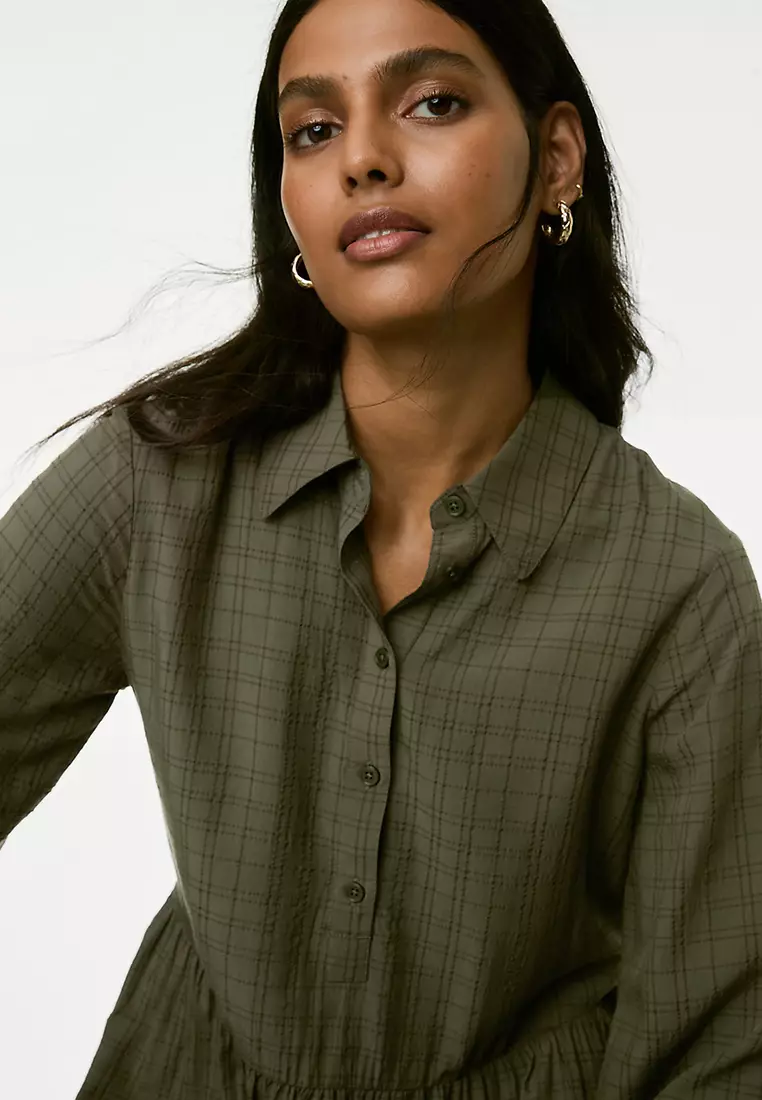 Textured Button Front Midi Shirt Dress