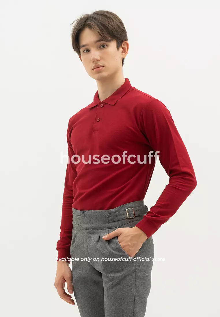 Polo Shirt Kaos Kerah Polo Lengan Panjang Slim Fit Maroon