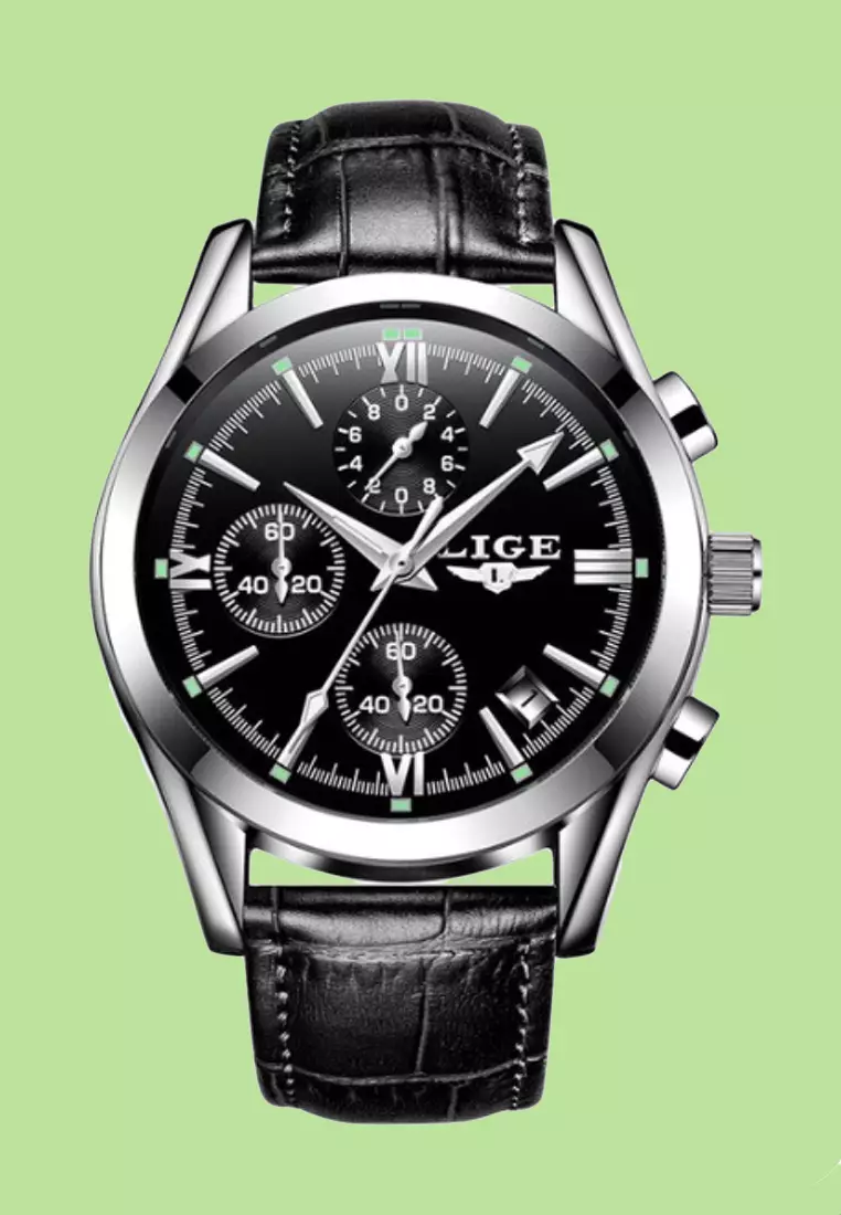 Chronograph Unisex Stainless Steel Quartz Watch, black dial, black leather strap