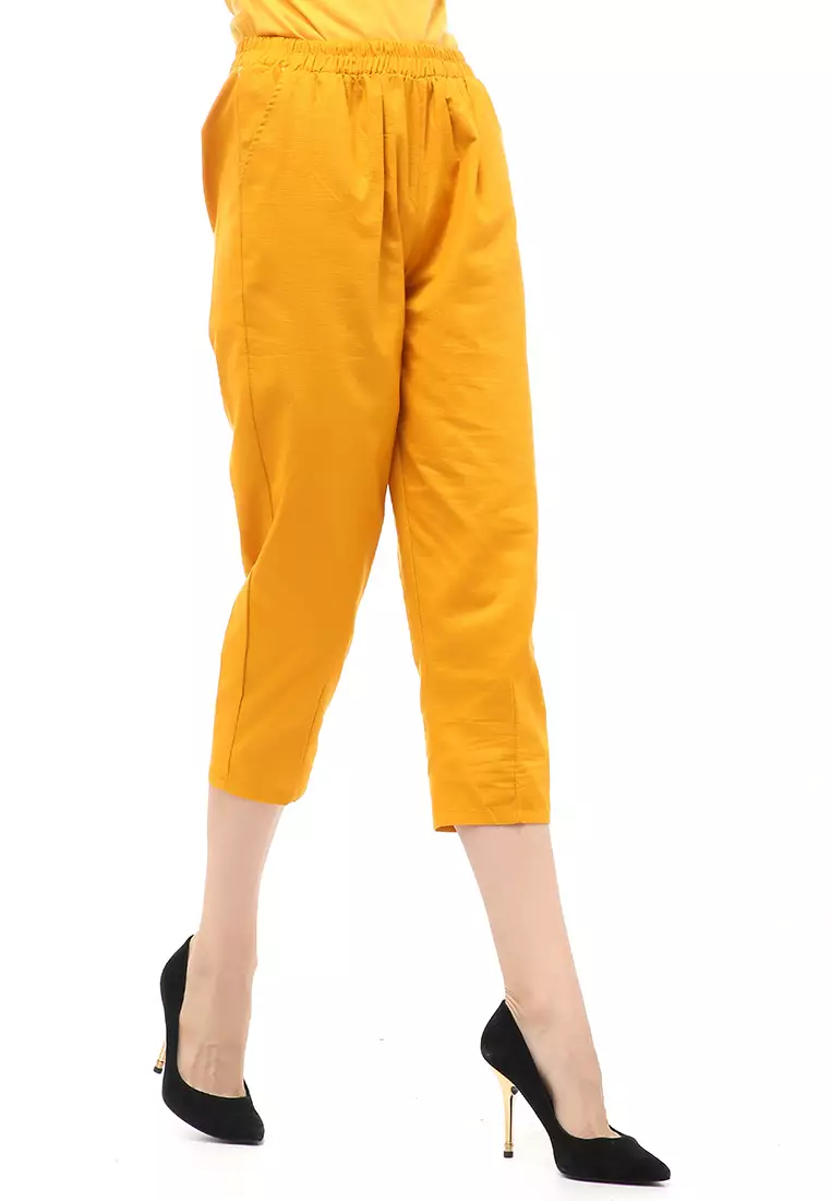 Long Pants Bawahan Wanita Motif Polos Design Casual - Mustard
