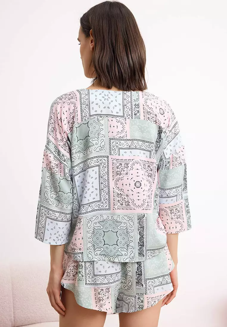Multicolor Ethnic/Bohemian Pattern Tie-Up/Bow Viscose Shorts Woven Pajamas Set Thmss23Pt165