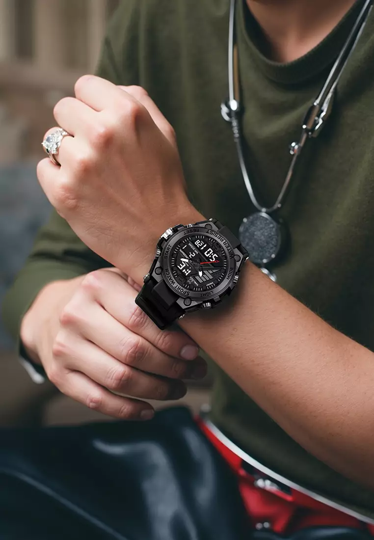 Jam Tangan Pria Analog&Digital Multifungsi Tali Silikon Anti Air Jam Tangan Cowok Allblack