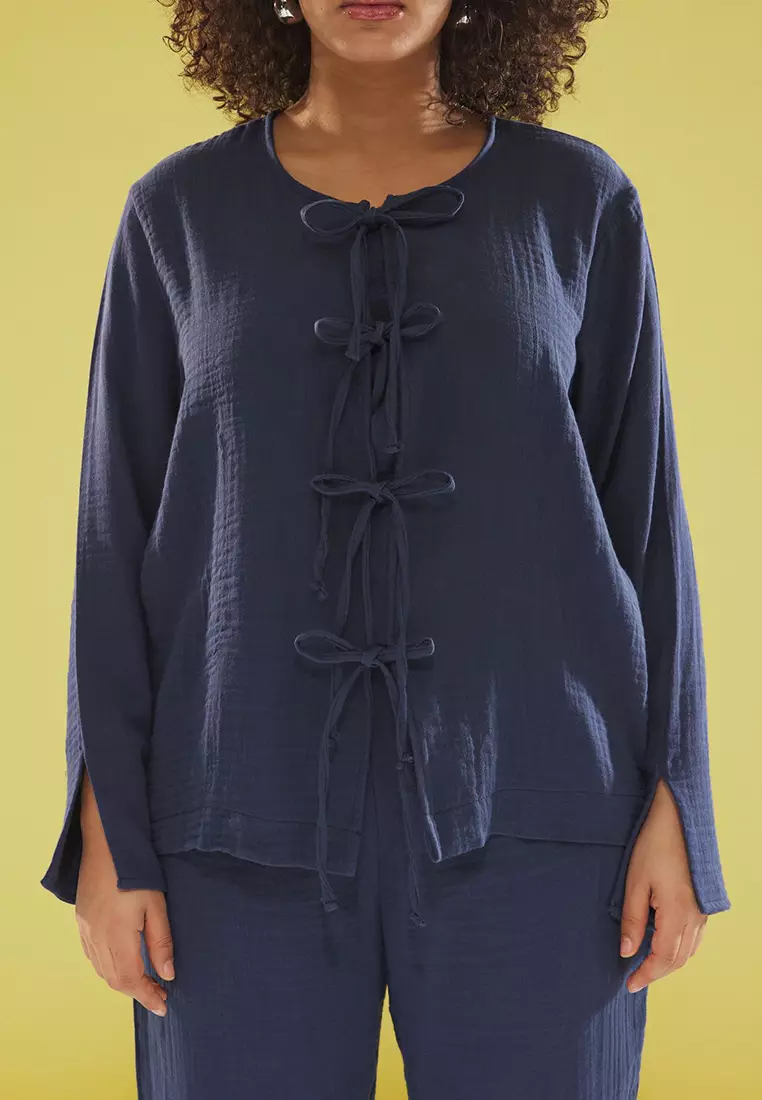Navy Blue Bowknot Muslin 100% Cotton Woven Plus Size Top-Bottom Set Tbbss25Cp00009