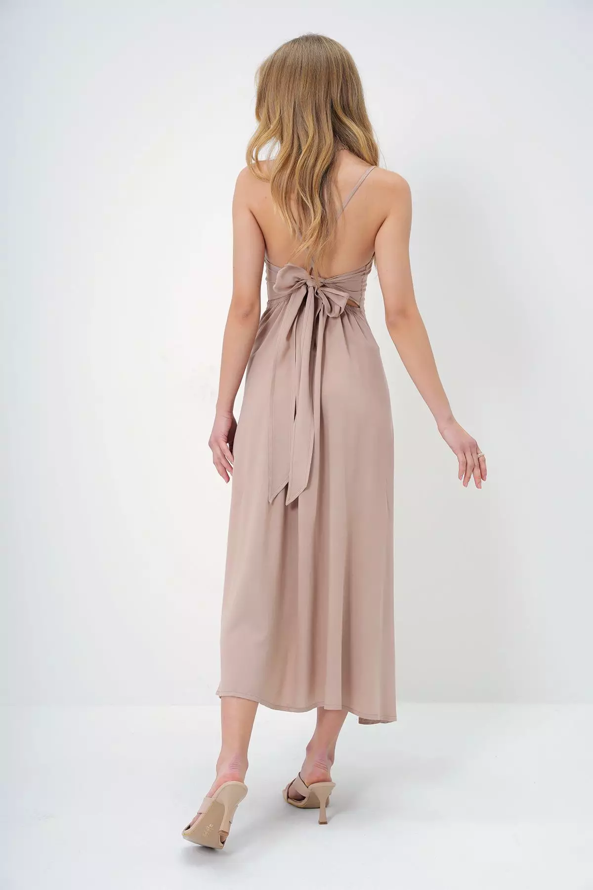 Women's Beige Rope Strap Back Tie Detail Maxi Size Summer Dress