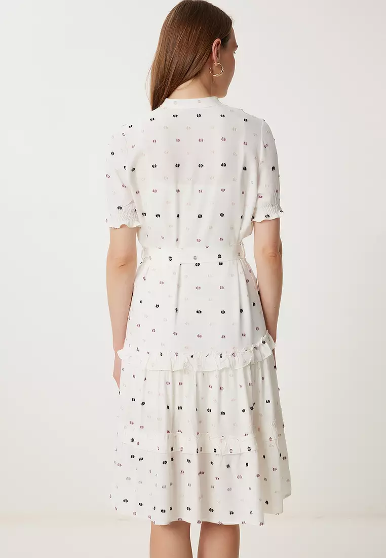 Women's Bone Pink Polka Dot Textured Summer Crinkle Dress Tp00055
