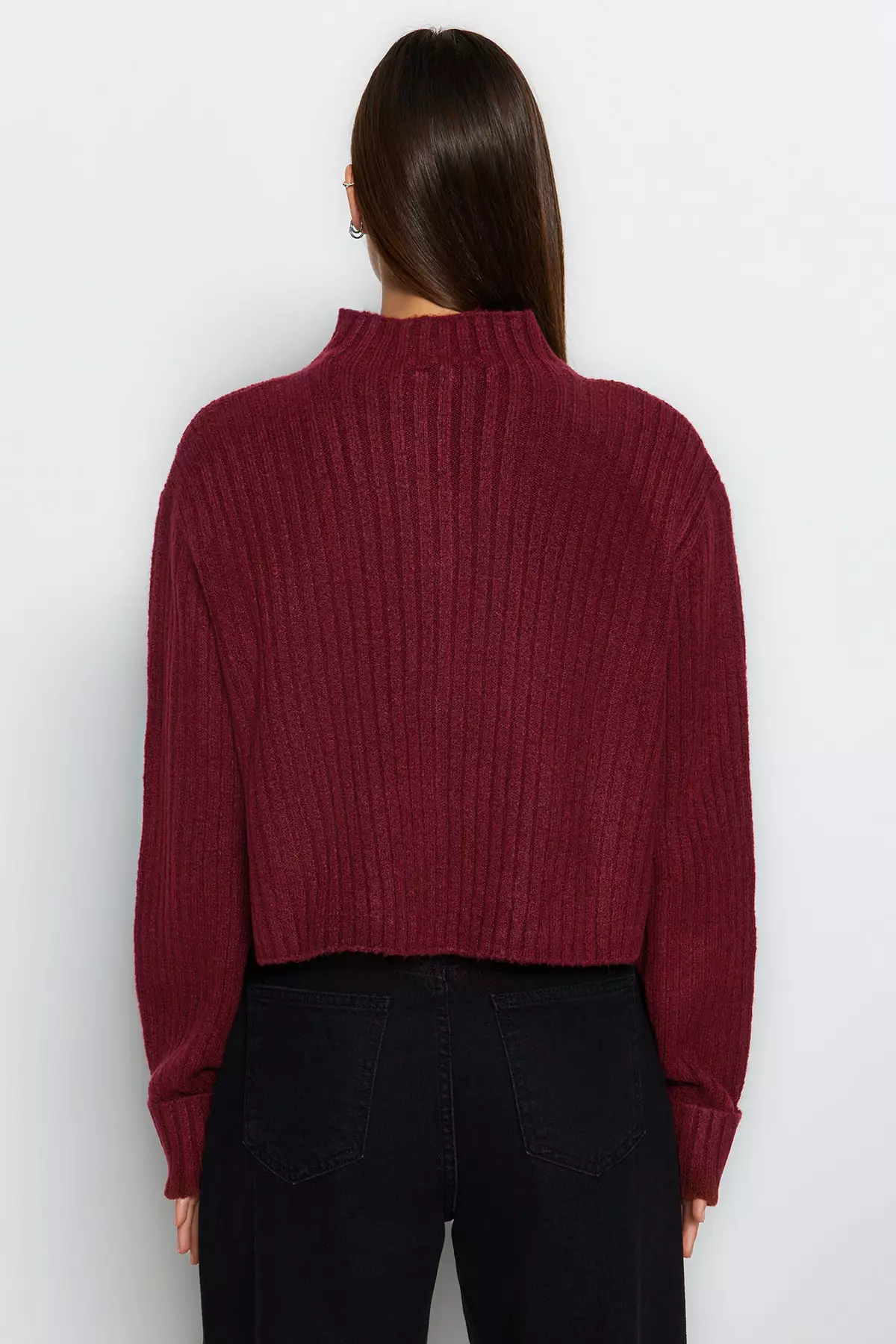 Claret Red Crop Soft Textured Stand Collar Knitwear Cardigan Twoaw22Hi174