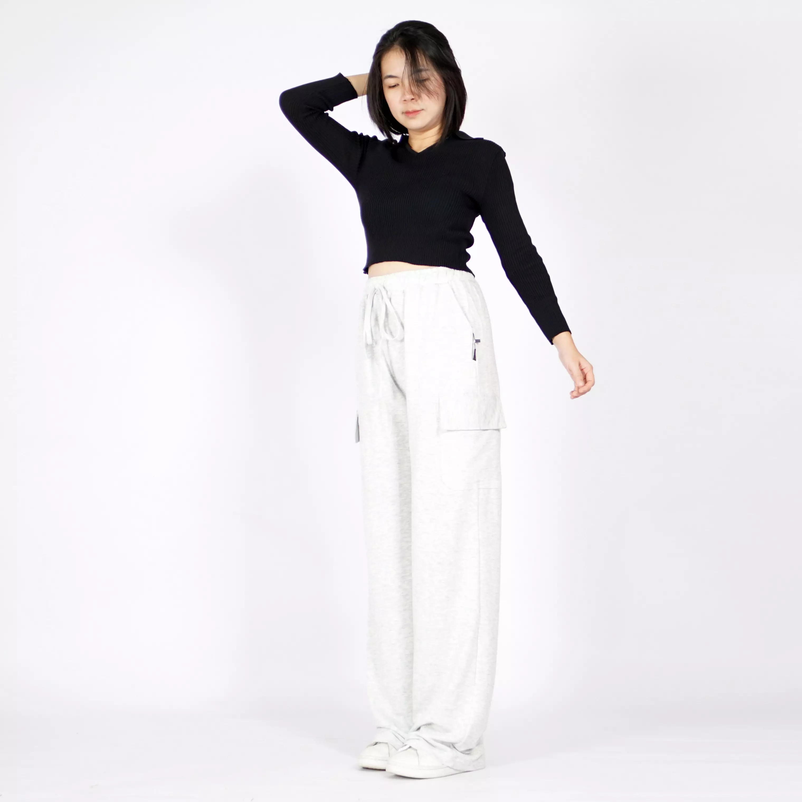  ANGEL Knit Crop Top Rajut CropTop Lengan Panjang Korean Style - Hitam