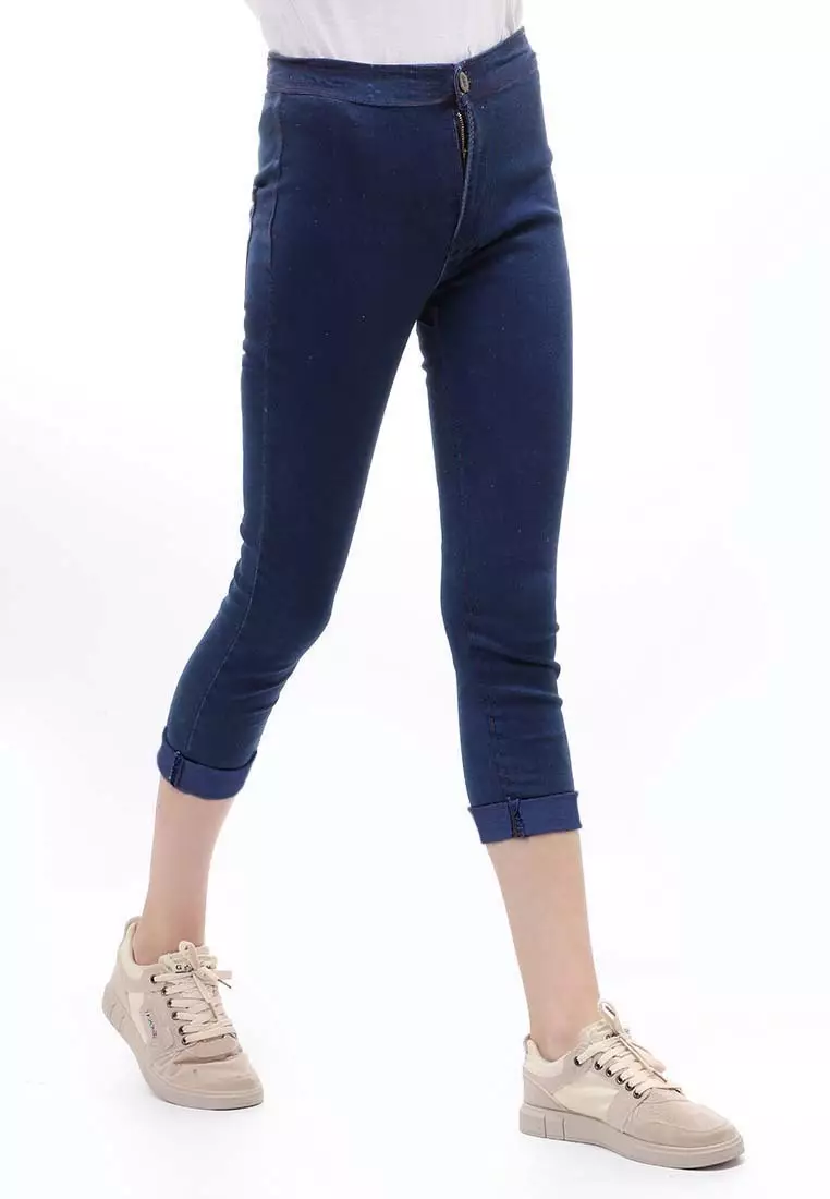 Jeans 7/9 Bawahan Wanita High Waist Design Simple Relaxed Fit - Navy