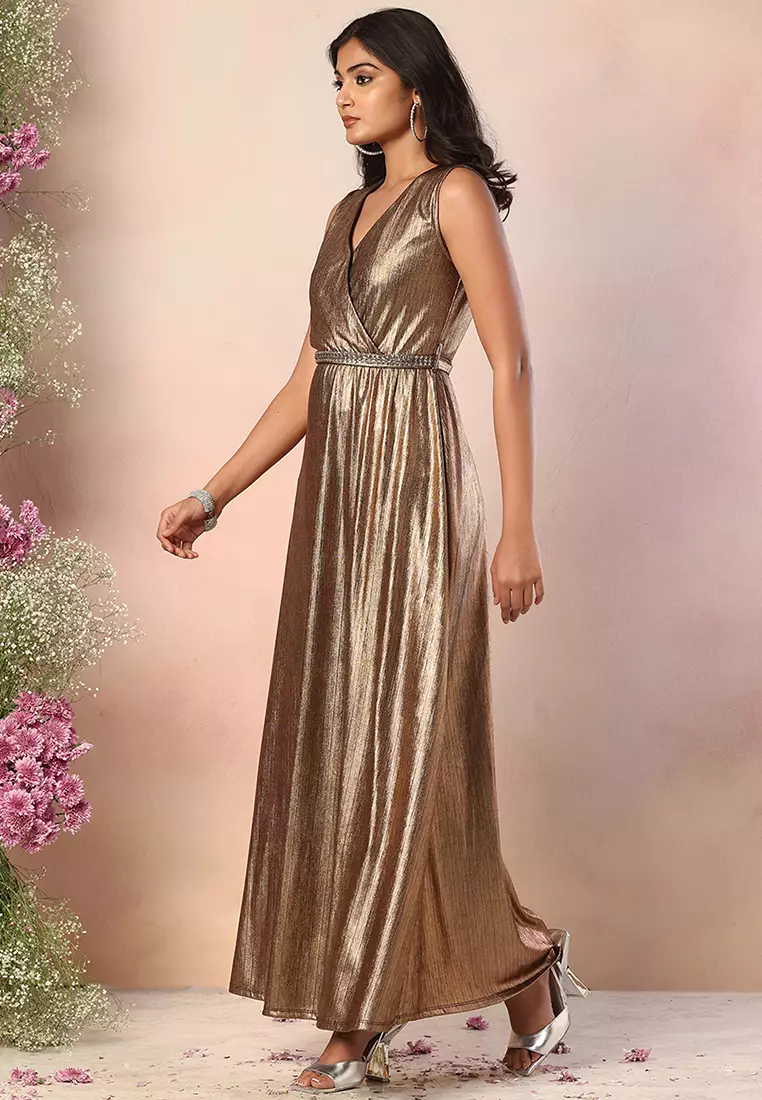 Brown Metallic Wrap Maxi Dress With Embellished Belt