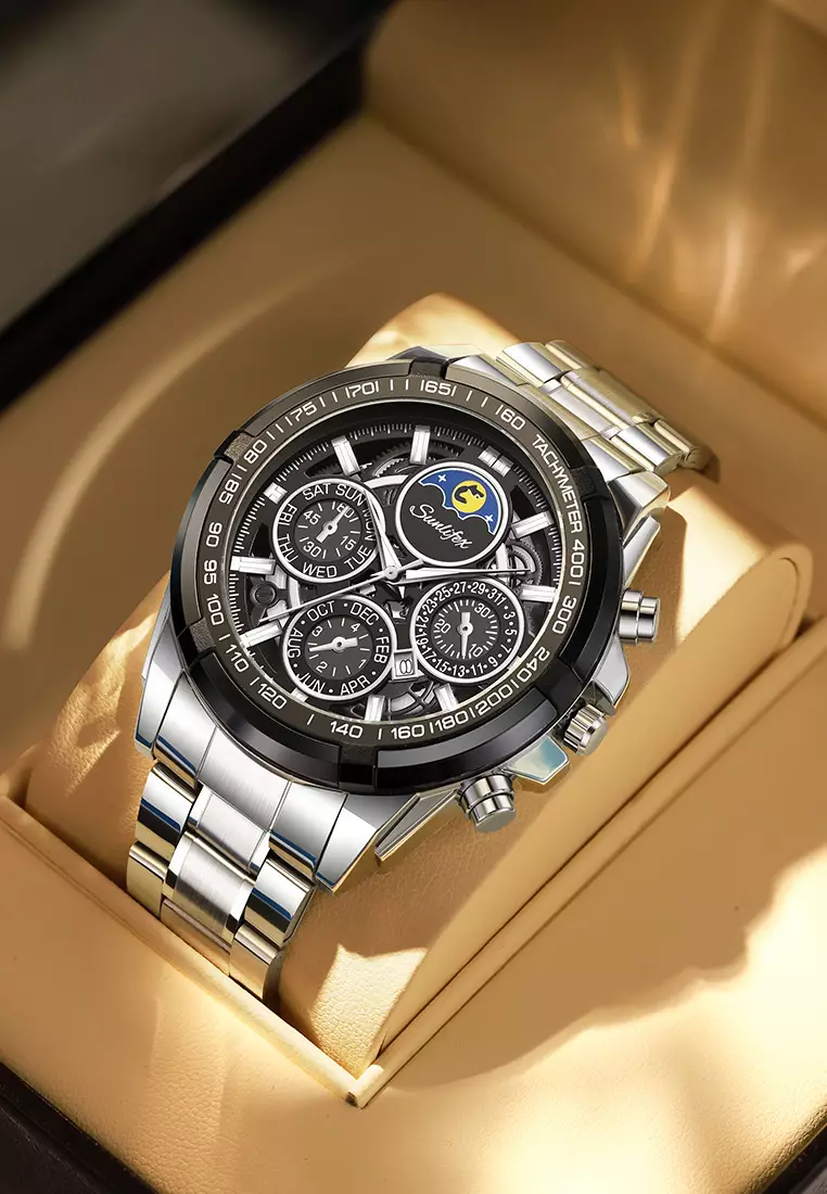 Jam Tangan Pria Bercahaya Kalender Kasual Jam Tangan Cowok Kuarsa Original Tali Stainless Steel Anti Air silverblack