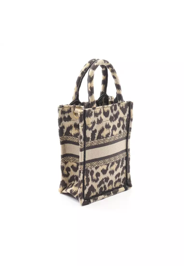 Pre-Loved Christian Dior BOOK TOTE book tote mini Phone Bag Handbag leopard canvas beige black