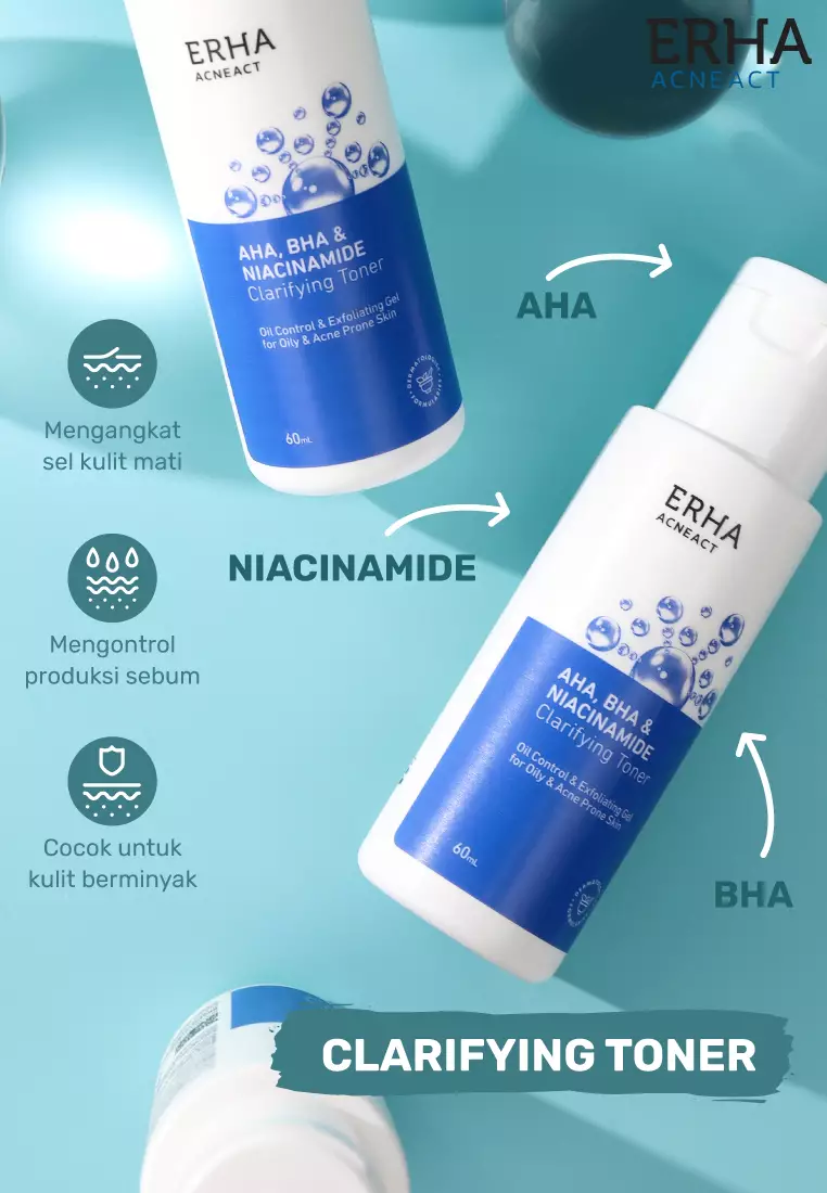 ERHA Acneact AHA BHA & Niacinamide Clarifiying Toner 60ml - Toner Wajah Eksfoliasi  Jerawat & Minyak