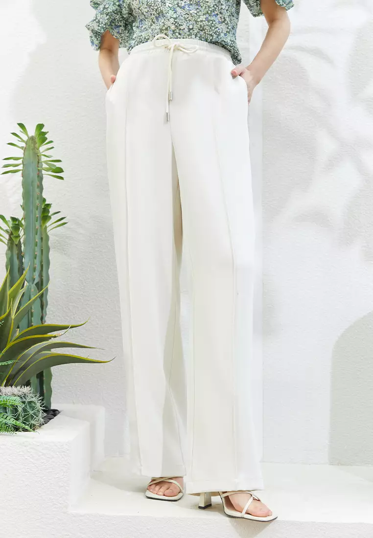 Elastic High Waist Wide Leg Pants with Waist Tie