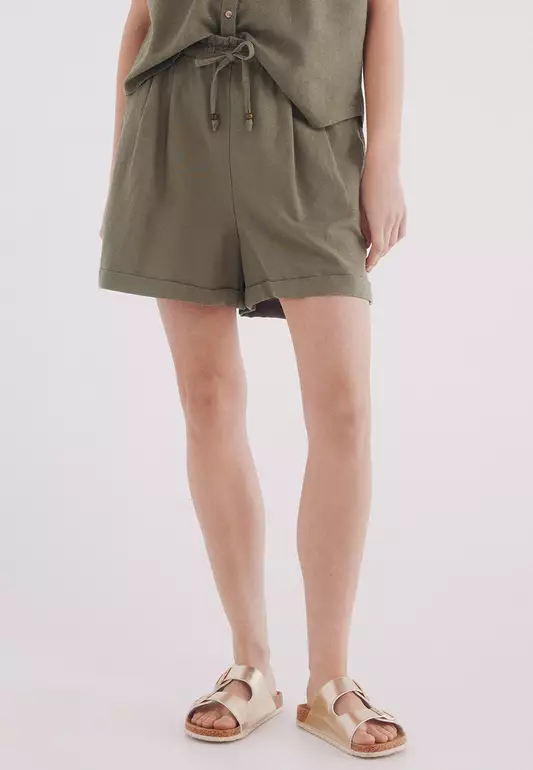 Short Elastic Waist Cotton Linen