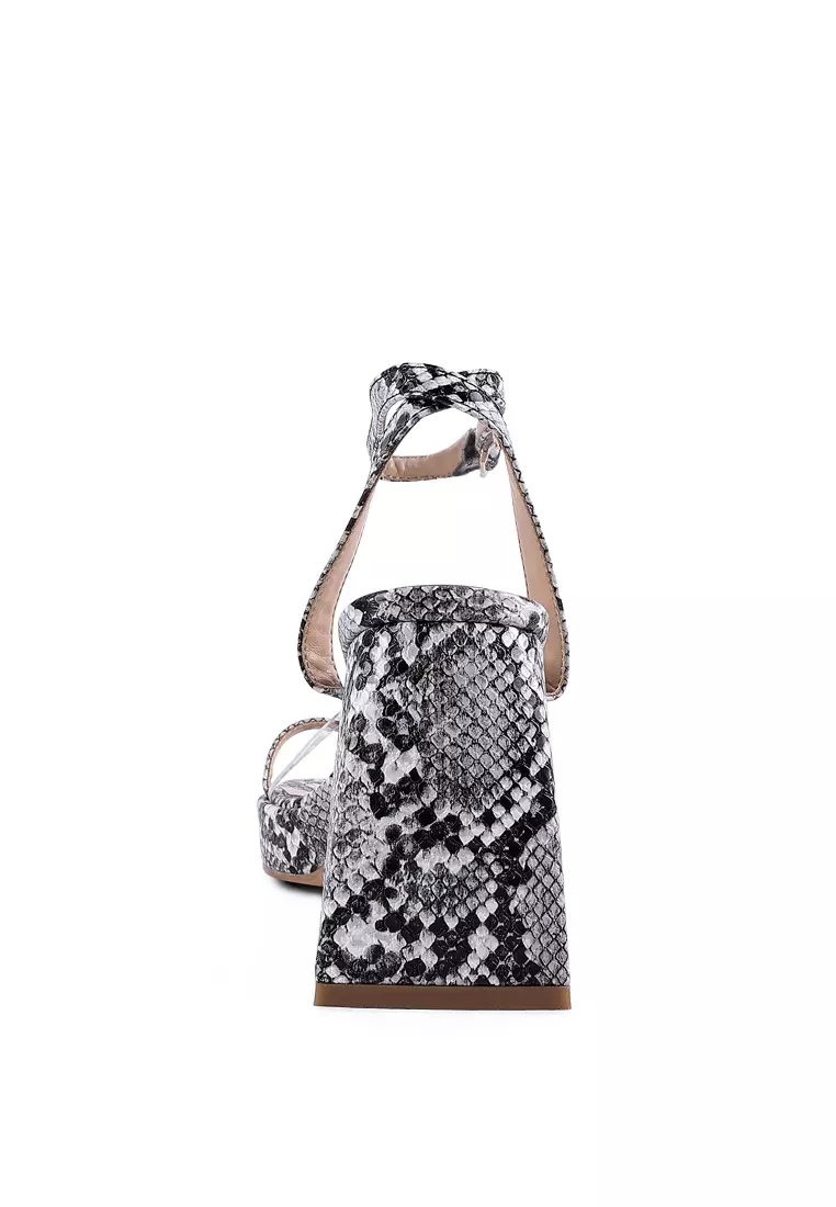 Black Snake Pattern Block Heeled Sandals