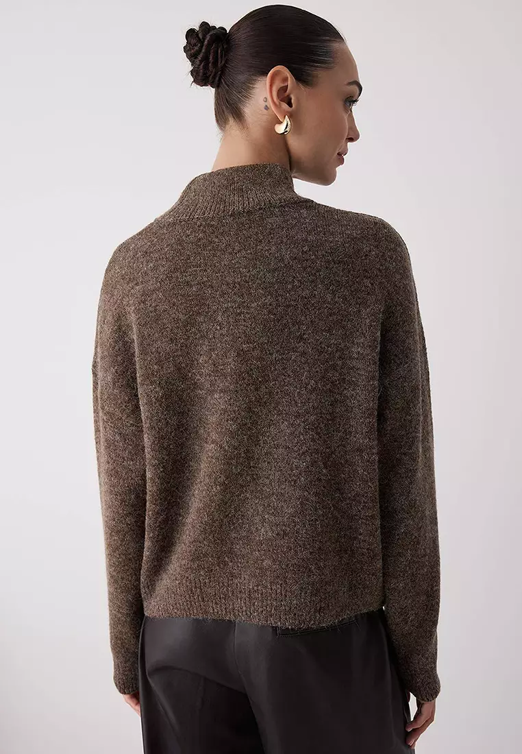 Mink Alpaca Wool Blended Premium/Special Yarn Wide Fit Basic Knitwear Sweater