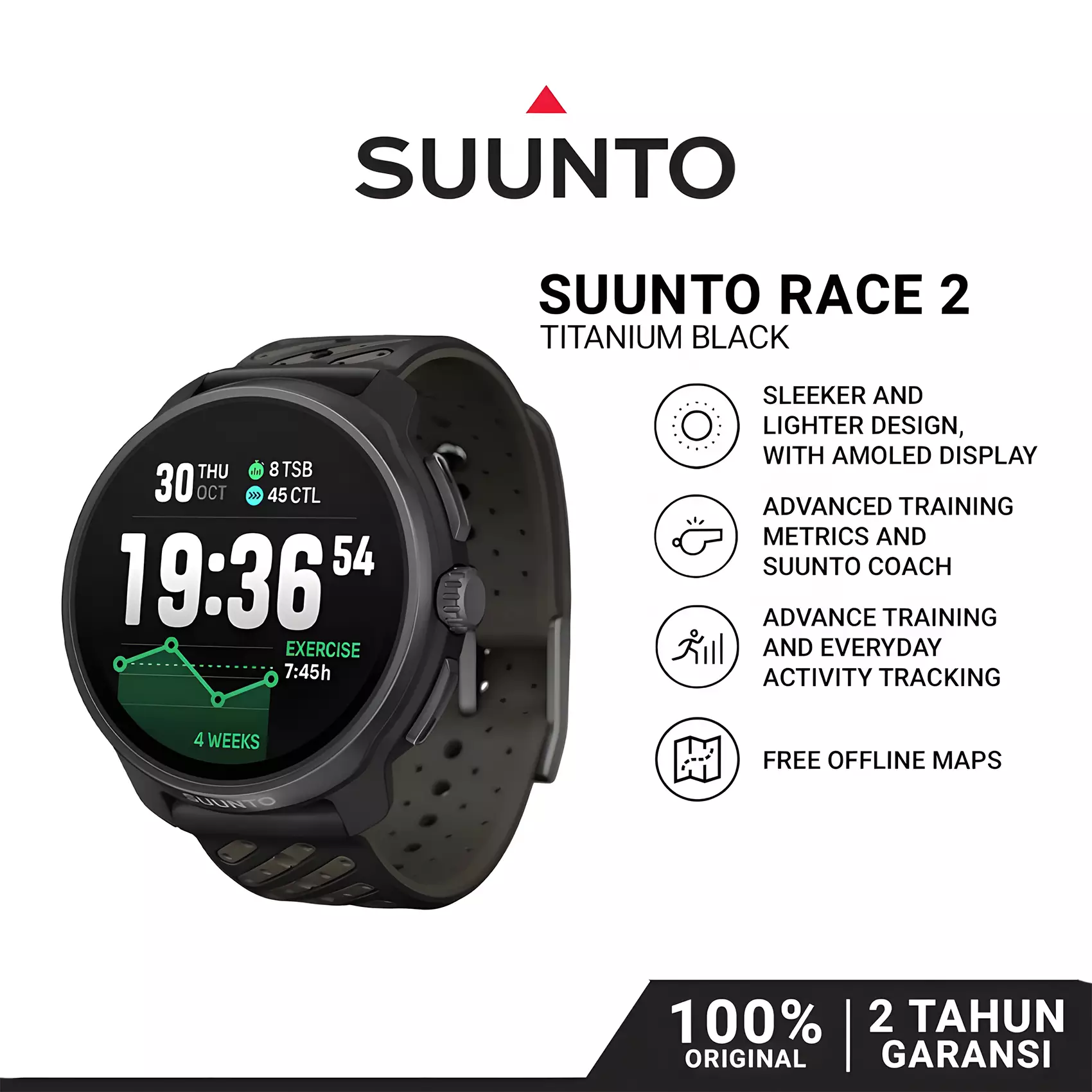 Suunto Race 2 - Jam Tangan Unisex - Dark Brushed Titanium Striped Two-Tone Black Silicone Strap - SS051202000