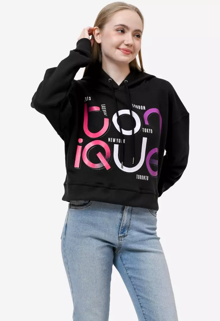 TONIQUE Wanita Crop Hoodie Katun Fleece Hitam MIA Womens Regular Fit Cotton Fleece Crop Hoodie Black